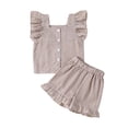 thumbnail image 1 of Girls Plaid 2 Piece Outfits Square Neck Ruffled Sleeveless Tank Tops Elastic Waist Pleated Shorts Summer Cute Clothes (1-2 Years, Khaki), 1 of 8