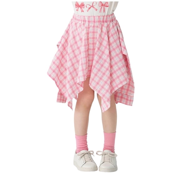 Girls Plaid Asymmetrical Handkerchief Hem Skirt High Waisted A-Line Mini Skirt Pink Checkered Elastic Waist Kids Sizes 5-14,Size 11-12 T