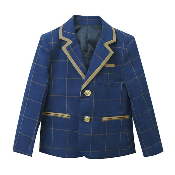 Girls Plaid Blazer Jacket, Blue and Gold Checkered School Party Wedding Blazer, 100% Cotton Breathable Kids Blazer for Girls Kids to Preteen,Size 2-3 T