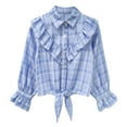 thumbnail image 1 of Girls Plaid Button Down Shirt Crop Tops Tie Knot Ruffle Long Sleeve Shirt Blouse 3-12Y, 1 of 5