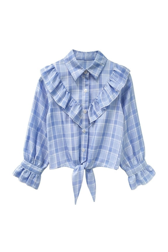 Girls Plaid Button Down Shirt Crop Tops Tie Knot Ruffle Long Sleeve Shirt Blouse 3-12Y