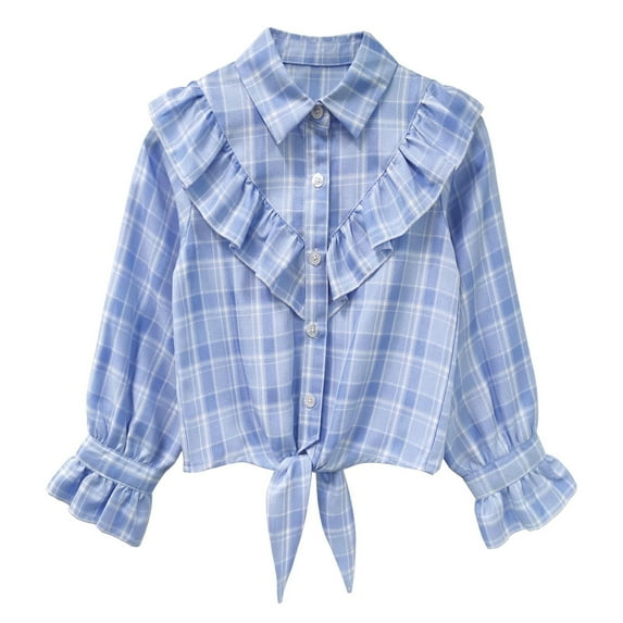 Girls Plaid Button Down Shirt Crop Tops Tie Knot Ruffle Long Sleeve Shirt Blouse 3-12Y
