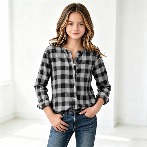 Girls Plaid Button Down Shirt Kids Fall Trendy Long Sleeve Crewneck Loose Tops for Daily Wear Black 14-16 Years