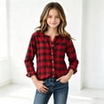 thumbnail image 1 of Girls Plaid Button Down Shirt Kids Fall Trendy Long Sleeve Crewneck Loose Tops for Daily Wear Red 12-14 Years, 1 of 6