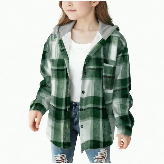 Girls Plaid Button Down Top Long Sleeve Hooded Jackets