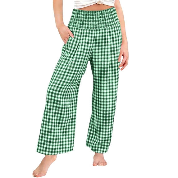 Girls Plaid Cotton Linen Pants High Waist Lounge Pant Y2K Casual Wide Leg Trousers with Pockets Green 140