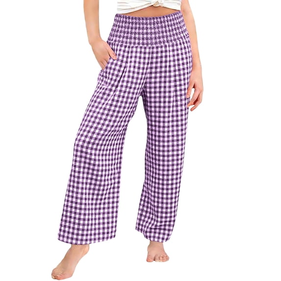Girls Plaid Cotton Linen Pants High Waist Lounge Pant Y2K Casual Wide Leg Trousers with Pockets Purple 160