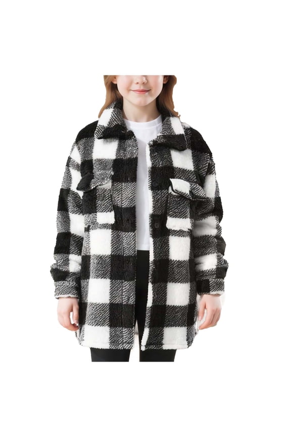 Girls Plaid Fuzzy Fleece Jacket Casual Button Down Sherpa Overcoat Christmas Faux Fur Jackets Fall Winter Warm Outwear with Pockets