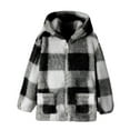 thumbnail image 1 of Girls Plaid Fuzzy Fleece Jackets with Pockets Casual Long Sleeve Hoodie Cardigan Jacket, Black, 1 of 8