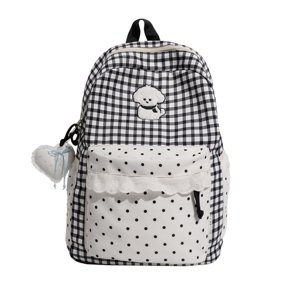 Girls Plaid Lace Trim Backpack, Large Back To School Bag With Fuzzy Puppy Print & Heart Charm, Multi‑Pocket Anti‑Theft For Campus & Commute (Black)