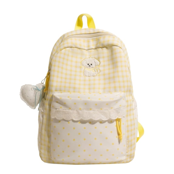 Girls Plaid Lace Trim Backpack, Large‑Capacity Bookbag With Polka‑Dot Pockets & Puppy Motif, Anti‑Theft For School & Weekend Trips (Yellow)