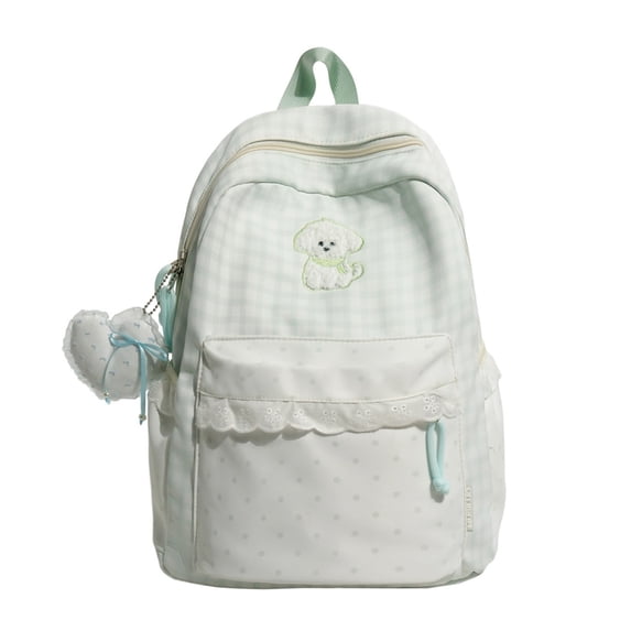 Girls Plaid Lace Trim Backpack, Spacious Laptop Backpack With Lace Trim & Dual Side Pockets, Sweet Stylish Design For Work & Shopping (Green)