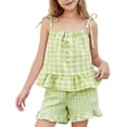 thumbnail image 1 of Girls Plaid Lounge Set 2 Piece Summer Outfits Ruffle Hem Spaghetti Strap Tops Shorts Travel Vacation Clothes Green, 7 Years, 1 of 6