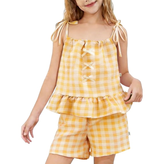 Girls Plaid Lounge Set 2 Piece Summer Outfits Ruffle Hem Spaghetti Strap Tops Shorts Travel Vacation Clothes Yellow, 0 Years