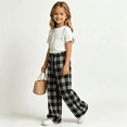 thumbnail image 1 of Girls Plaid Pants with Pockets Baggy Elastic Waist Drawstring Fall Fashion Casual Kids Wide Leg Pants Black 14, 1 of 5