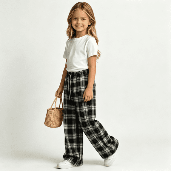 Girls Plaid Pants with Pockets Baggy Elastic Waist Drawstring Fall Fashion Casual Kids Wide Leg Pants Black 14