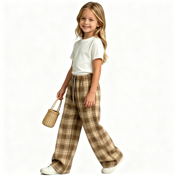 Girls Plaid Pants with Pockets Casual Baggy Elastic Waist Drawstring Fall Fashion Kids Wide Leg Pants Beige 5T