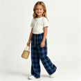 thumbnail image 1 of Girls Plaid Pants with Pockets Casual Baggy Elastic Waist Drawstring Fall Fashion Kids Wide Leg Pants Blue 5T, 1 of 5