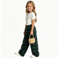 thumbnail image 1 of Girls Plaid Pants with Pockets Casual Baggy Elastic Waist Drawstring Fall Fashion Kids Wide Leg Pants Green 5T, 1 of 5