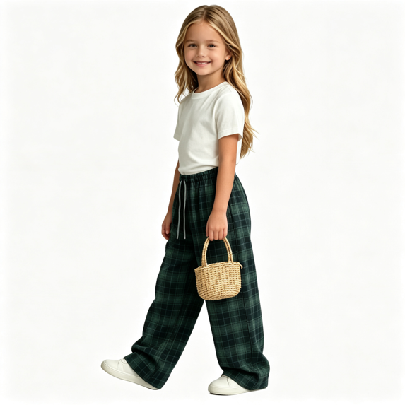 Girls Plaid Pants with Pockets Casual Baggy Elastic Waist Drawstring Fall Fashion Kids Wide Leg Pants Green 5T