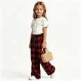 thumbnail image 1 of Girls Plaid Pants with Pockets Casual Fall Fashion Baggy Elastic Waist Drawstring Kids Wide Leg Pants Red 12, 1 of 5