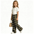 thumbnail image 1 of Girls Plaid Pants with Pockets Casual Fall Fashion Baggy Elastic Waist Drawstring Kids Wide Leg Pants Yellow 12, 1 of 5