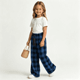 thumbnail image 1 of Girls Plaid Pants with Pockets Elastic Waist Drawstring Fall Fashion Casual Baggy Kids Wide Leg Pants Blue 8, 1 of 5