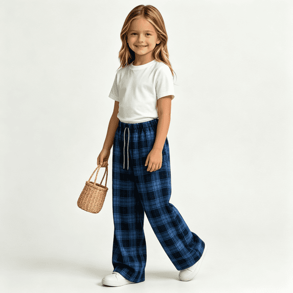 Girls Plaid Pants with Pockets Elastic Waist Drawstring Fall Fashion Casual Baggy Kids Wide Leg Pants Blue 8