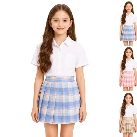 Girls Plaid Pleated Skirt, Elastic High Waist Tennis School Uniform Skirt for Girls Blue,11-12 Years