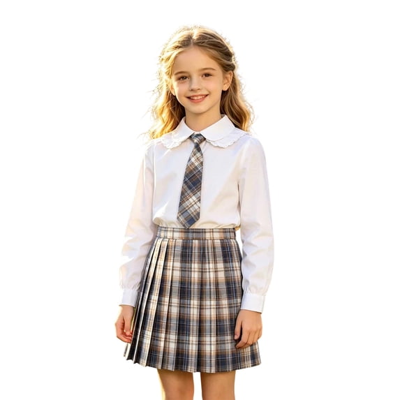Girls Plaid Pleated Skirt with Matching Tie, High Waist 2-Layer Skater Skirt with Built-In Safety Shorts, Kids A-Line Uniform Skirt for Back to School Casual Daily Wear(Brown1,9-10 Years)