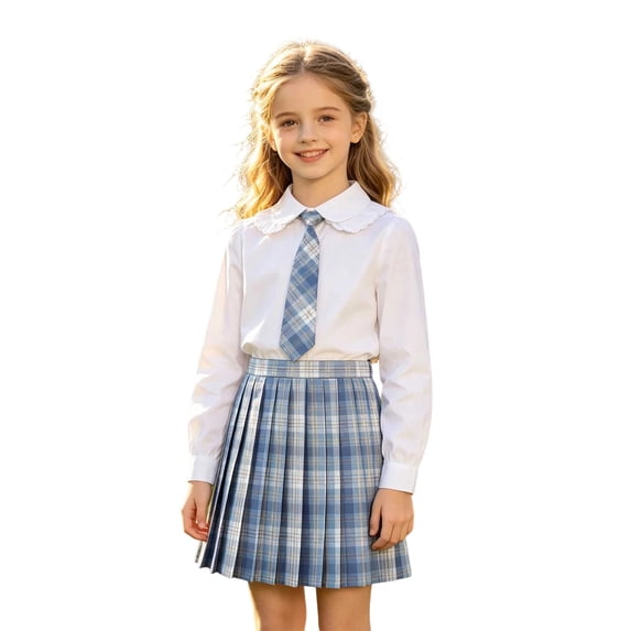 Girls Plaid Pleated Skirt with Matching Tie, High Waist 2-Layer Skater Skirt with Built-In Safety Shorts, Kids A-Line Uniform Skirt for Back to School Casual Daily Wear(Blue1,17-18 Years)