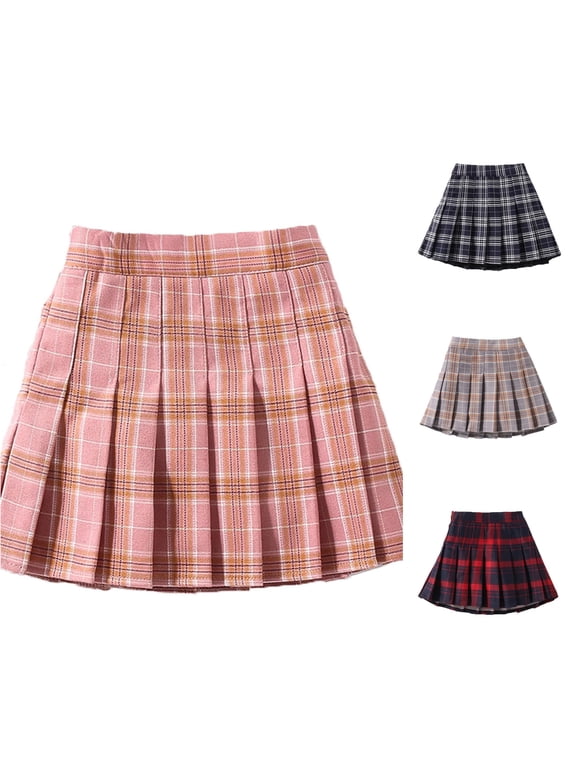 Girls Plaid Pleated Skirt with Elastic Waistband Mini Skorts for School Uniform Casual Outfit A-Line Skirts