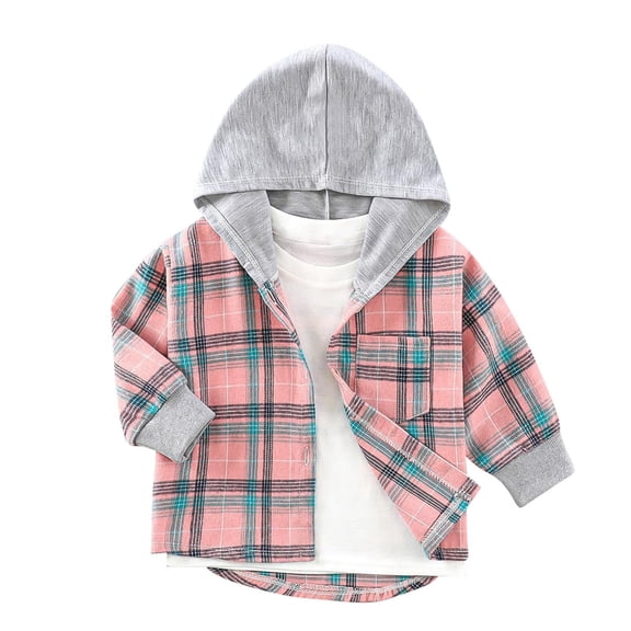 Girls Plaid Shacket Hooded Cotton Flannel Jacket Open Front Casual Fall Outwear Multicolor,Size 5-6 T