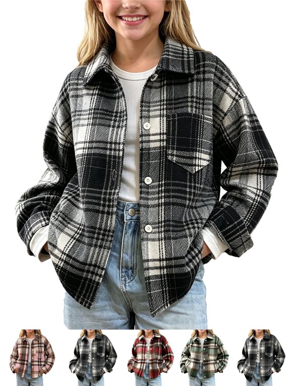 Girls Plaid Shacket - Soft Checkered Button Jacket with Chest Pocket, Stylish & Comfortable for Fall Winter