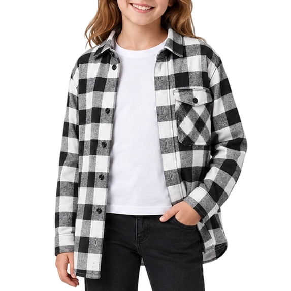 Girls Plaid Shirt Jacket Long Sleeve Button-Down Flannel Shacket Casual Lapel Checkered Outerwear With Chest Pocket (Black)