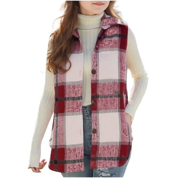 Girls' Plaid Shirt Jacket Sleeveless Button Down Flannel Shacket Vest with Pockets Lapel Collar Fall Outerwear (14-15 Years, Red)