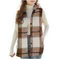 thumbnail image 1 of Girls' Plaid Shirt Jacket Sleeveless Button Down Flannel Shacket Vest with Pockets Lapel Collar Fall Outerwear (6-7 Years, Brown), 1 of 7