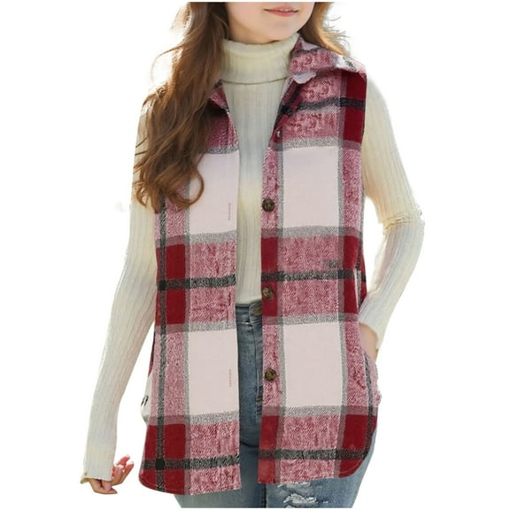 Girls' Plaid Shirt Jacket Sleeveless Button Down Flannel Shacket Vest with Pockets Lapel Collar Fall Outerwear (8-9 Years, Red)