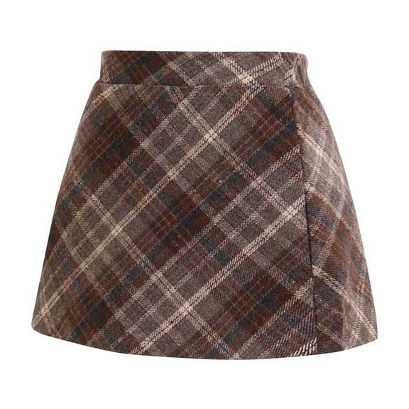 Girls Plaid Skirts Soft Woolen High Waisted Mini Short Skirts Cute School Uniform for Fall Spring Winter (6 Years, Coffee 01)