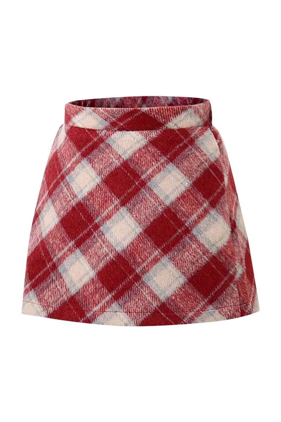 Girls Plaid Skirts Soft Woolen High Waisted Mini Short Skirts Cute School Uniform for Fall Spring Winter (6 Years, Red 02)