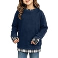 thumbnail image 1 of Girls Plaid Crewneck Sweatshirt Long Sleeve Two Piece Pullover Top Casual Warm Preppy Sweatshirt for Kids Fall Winter School Daily Play Wear(11-12 Years,Navy), 1 of 4