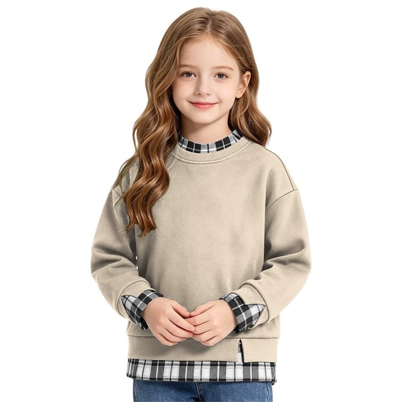 Girls Plaid Crewneck Sweatshirt Long Sleeve Two Piece Pullover Top Casual Warm Preppy Sweatshirt for Kids Fall Winter School Daily Play Wear(11-12 Years,Beige)