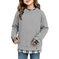 thumbnail image 1 of Girls Plaid Crewneck Sweatshirt Long Sleeve Two Piece Pullover Top Casual Warm Preppy Sweatshirt for Kids Fall Winter School Daily Play Wear(7-8 Years,Grey), 1 of 5