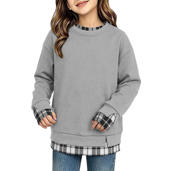 Girls Plaid Crewneck Sweatshirt Long Sleeve Two Piece Pullover Top Casual Warm Preppy Sweatshirt for Kids Fall Winter School Daily Play Wear(7-8 Years,Grey)