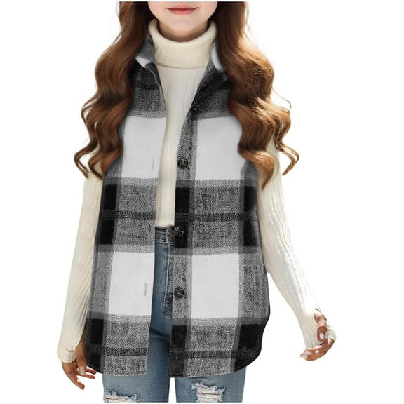 Girls Plaid Vest Flannel Sleeveless Shacket Shirt Jacket with Pockets Fall Button Front Casual Fashion Jackets Black, 4-5 Years