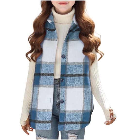 Girls Plaid Vest Flannel Sleeveless Shacket Shirt Jacket with Pockets Fall Button Front Casual Fashion Jackets Blue, 10-11 Years