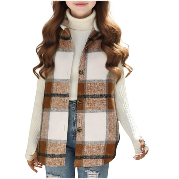 Girls Plaid Vest Flannel Sleeveless Shacket Shirt Jacket with Pockets Fall Button Front Casual Fashion Jackets Brown, 14-15 Years