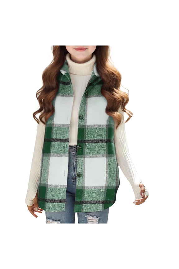 Girls Plaid Vest Flannel Sleeveless Shacket Shirt Jacket with Pockets Fall Button Front Casual Fashion Jackets Green, 8-9 Years