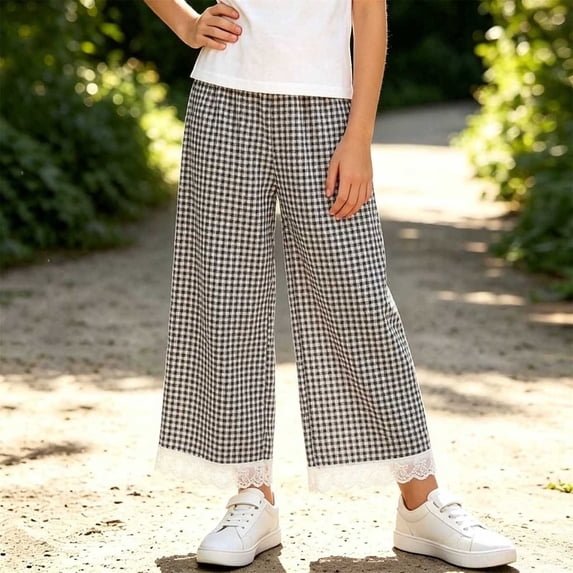 Girls Plaid Wide Leg Pants Elastic Waist Casual Loose Fit Trousers with Lace Trim Hem for Kids Summer Spring Everyday Wear Flattering Boho Style Flowy Lounge Pants
