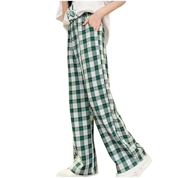 Girls' Plaid Wide Leg Pants High Waist Elastic Waist Palazzo Trousers Casual Loose Trendy Sweatpants with Pocket
